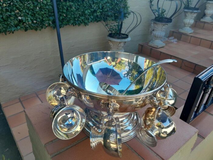 A 20th Century A1 Silver-Plate Punch Bowl With Eight Cups And Hooks And Ladle With Elephant Head - Image 4