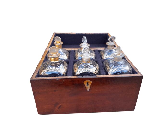 A 20th Century Decanter Velvet Lined Box With Six Decanters And Two Crystal Glasses