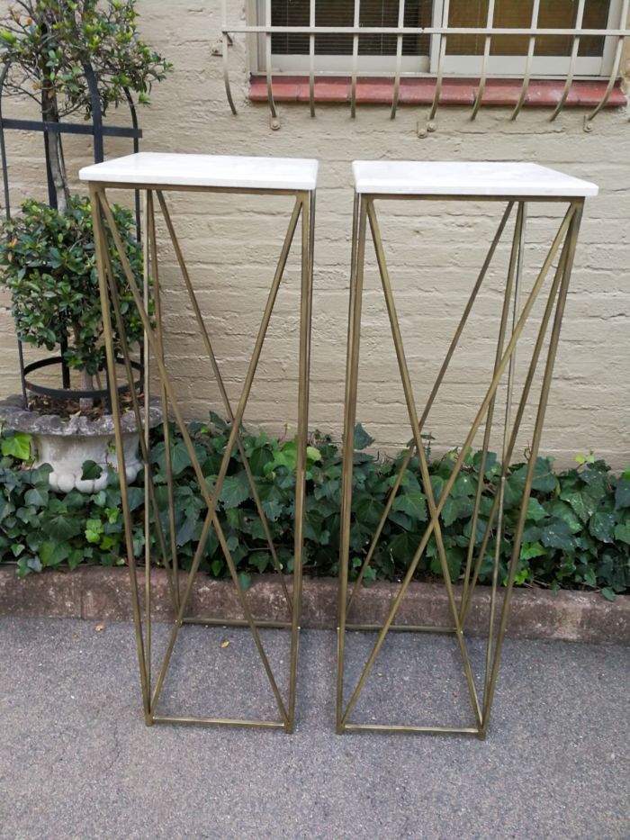 A Pair of Antique Gold Decorative Large Size Wrought Iron Plinths with Marble Tops Custom-Made for The Crown Collection