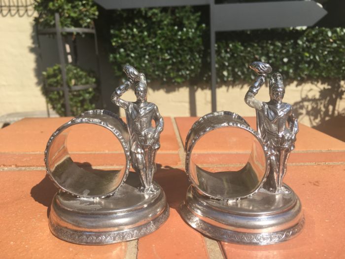 Rare Pair of Antique Victorian USA Knickerbocker Silver Plated Figural Rings. Circa 1895