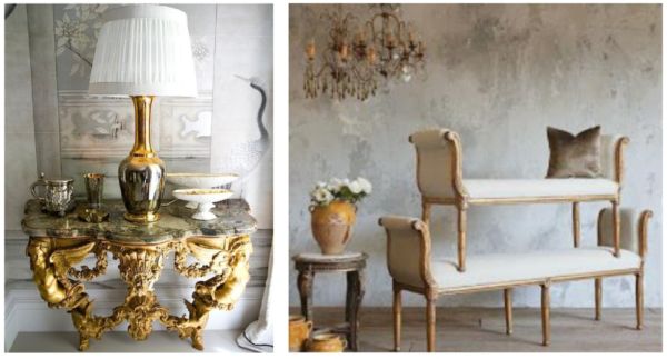 Gilded antique lamps, Riempie benches and French console tables