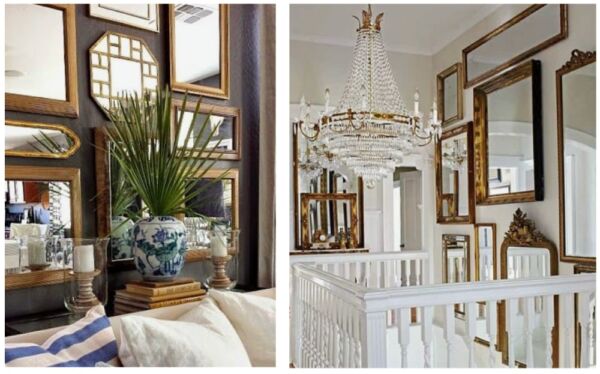 A unique and eye-catching eclectic display is achieved by arranging a collection of smaller ‘mismatched’ French-style mirrors in a gallery wall formation.