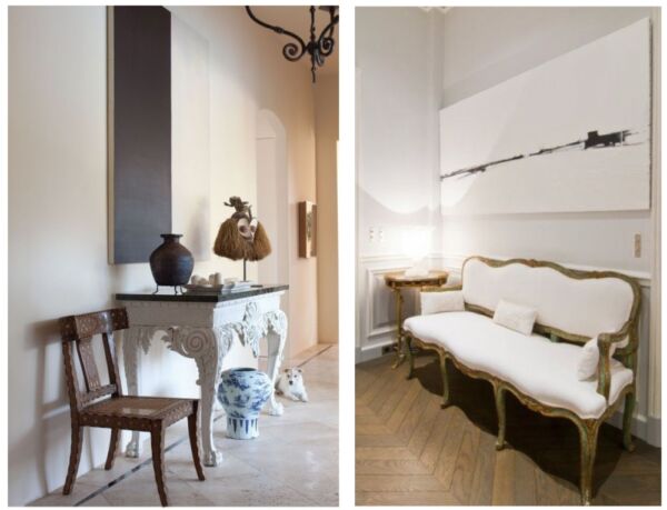 Contrasting the sharp lines and minimalism of modern art or furniture pieces can beautifully offset the ornate details and rich textures of antique artworks, flooring or accessories.