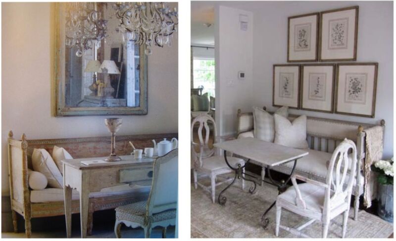 For a chic look, antique settees are wonderful replacements for dining chairs.