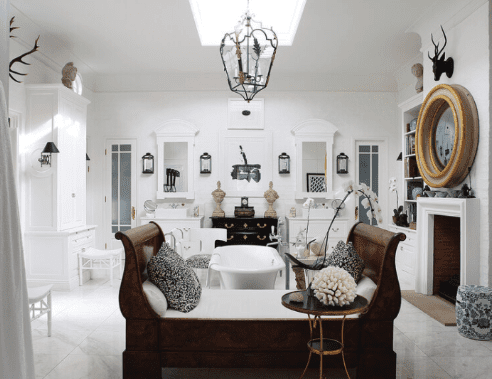 Antique daybed in Stephen Falcke's bathroom