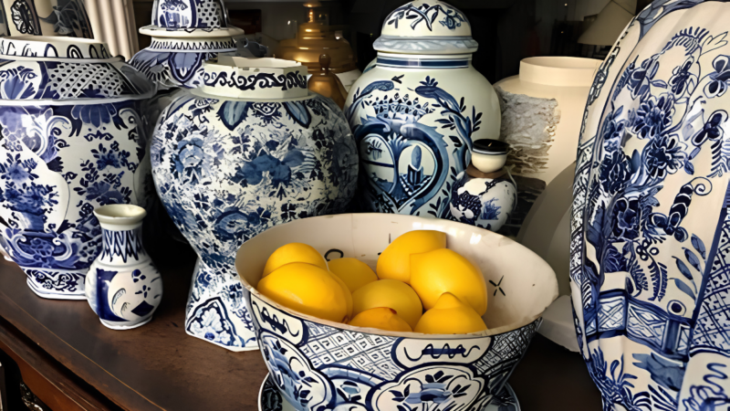 blue and white antiques on a table