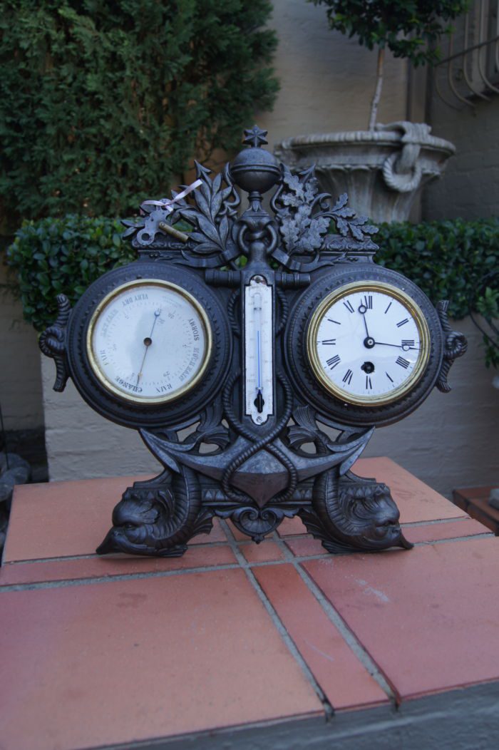 Antique French Cast Iron Clock & Barometer