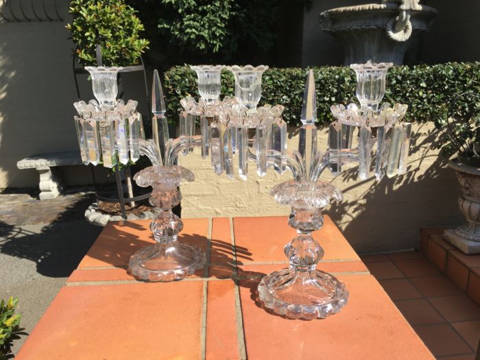 Pair Glass Lustre Candelabras (chip on cup/holder)